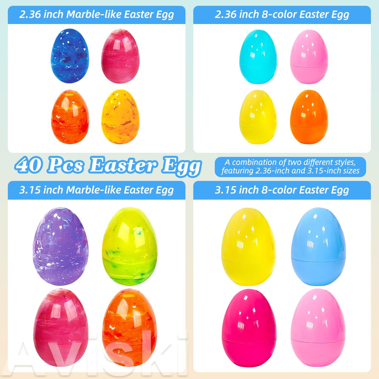 Aviski 40Pcs Assorted Sizes Painted Large Small Iridescent Marble Plastic Easter Eggs for Kids Basket Bag Stuffers Fillers, Easter Hunt Game, Toys Filling Treats and Easter Theme Party Favor