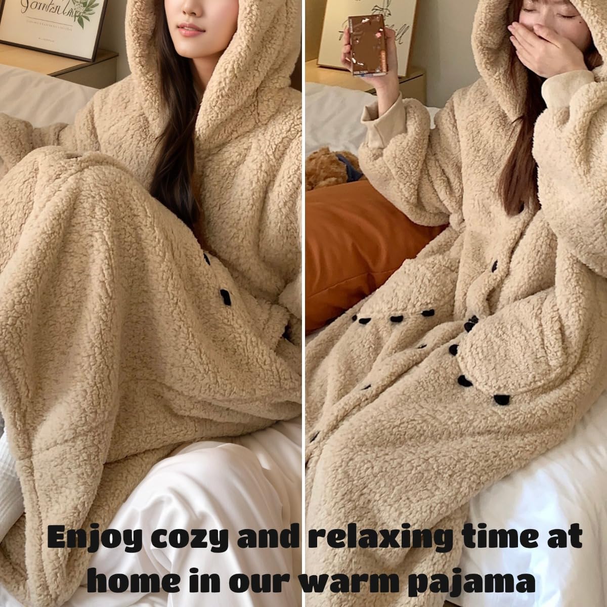 Plush Hooded Bear Cloak Pajamas for Women Winter,Fuzzy Sleep Robe Warm Cozy Fleece Lined Loungewear Christmas