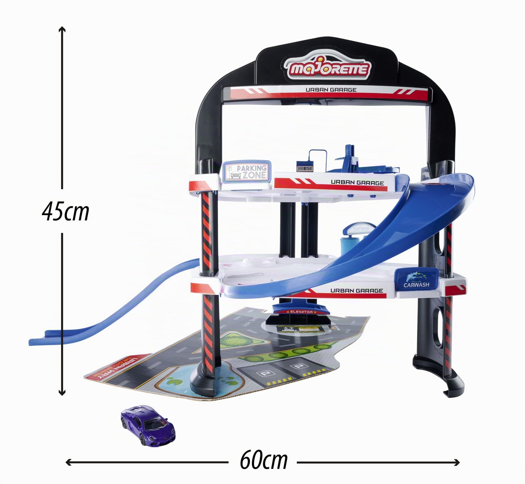 Majorette 212059985 Urban Garage avec voiture jouet, garage de parking à 3 étages, parking avec ascenseur manuel, station de lavage et station-service, 60 x 60 x 45 cm, pour enfants à partir de 5 ans,
