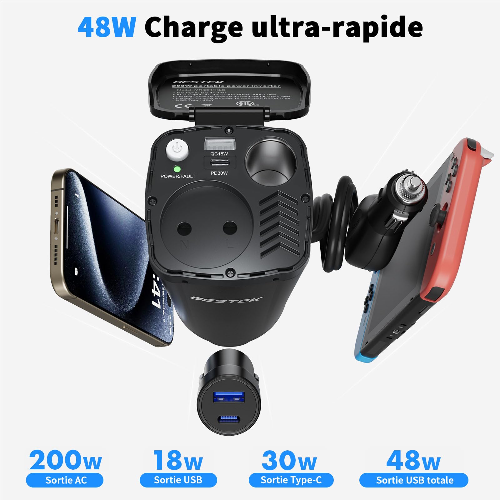 BESTEK Onduleur de voiture 200 W : convertisseur de tension 12 V DC vers 230 V AC Power Inverter avec 2 ports USB & adaptateur allume-cigare compact pour voiture/voyage