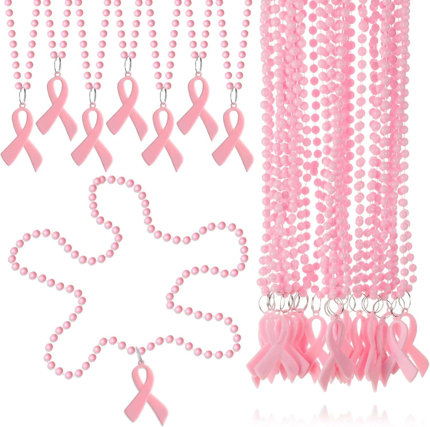 Tigeen 24 Pieces Breast Cancer Awareness Beads Necklaces Bulk Pink Ribbon Breast Cancer Awareness Pendant Necklaces for Women Charity Public Social Event Welfare Party Supplies