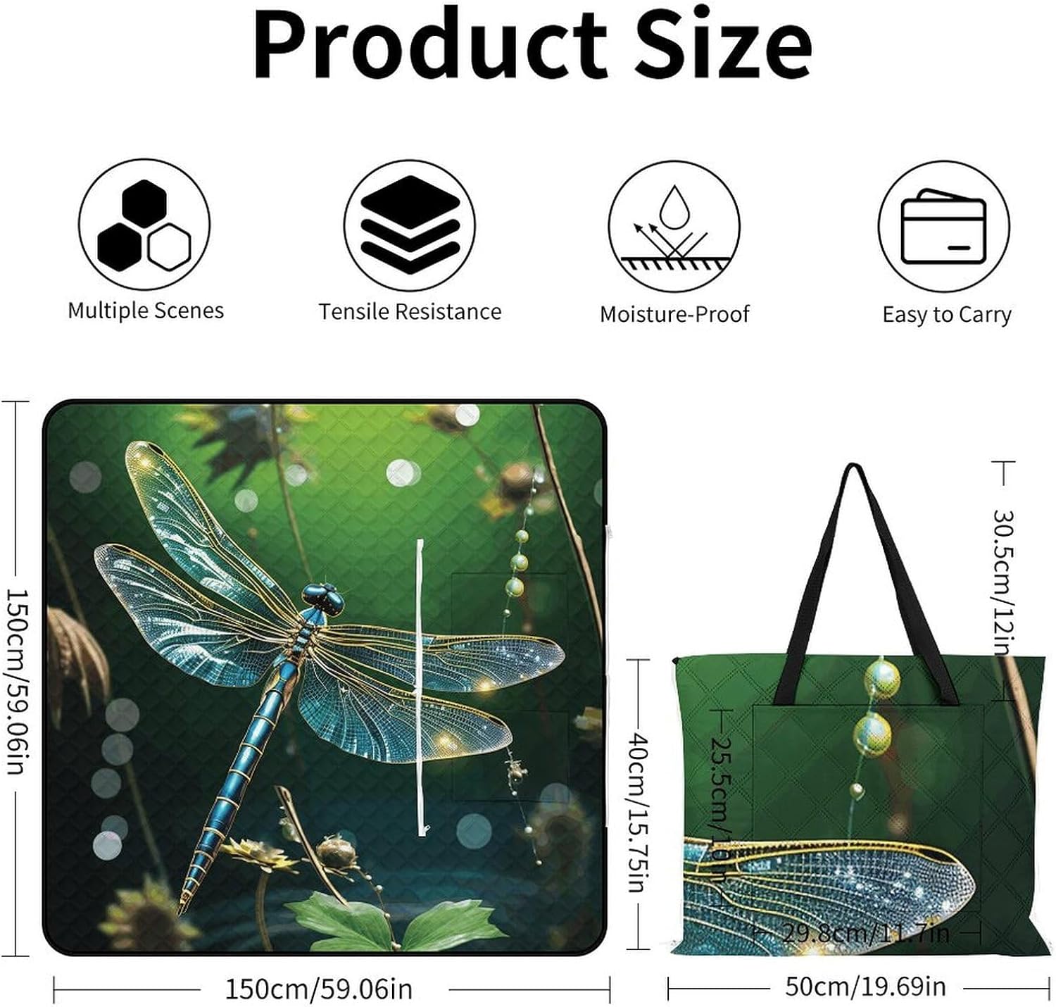 Dragonfly Green Picnic Blanket with Zipper Water Resistant Sand Free Picnic Mat Washable Foldable Easy Carry Beach Blanket for Lawn Beach Hiking Camping