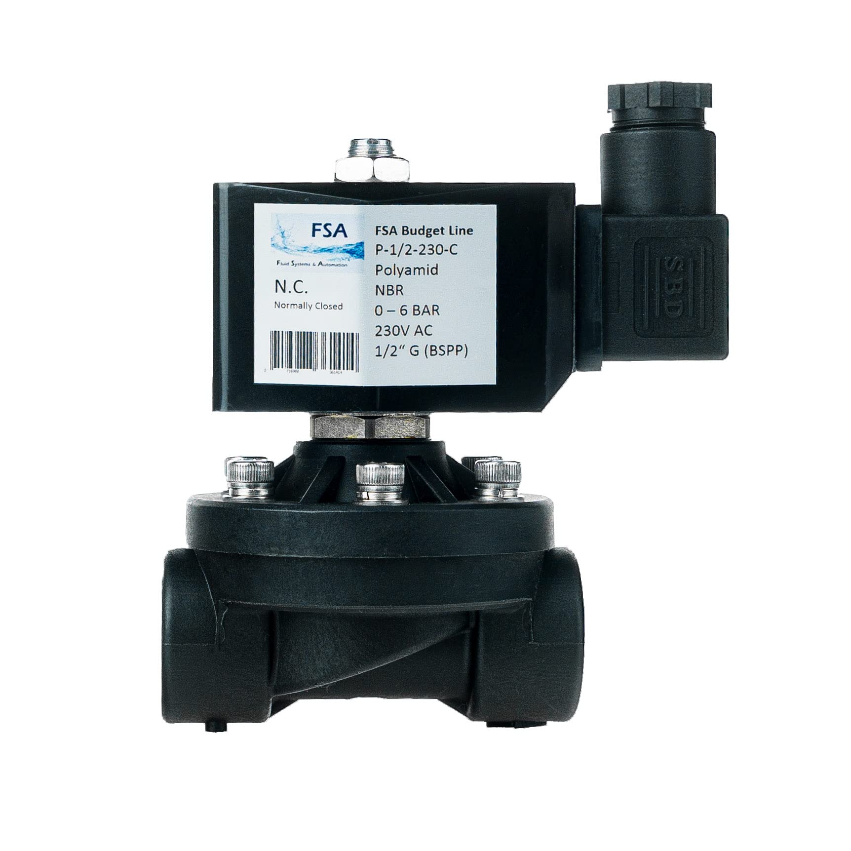 FSA Elettrovalvola in plastica PA6 1/2" 230V AC 0-6 bar NBR normalmente chiusa
