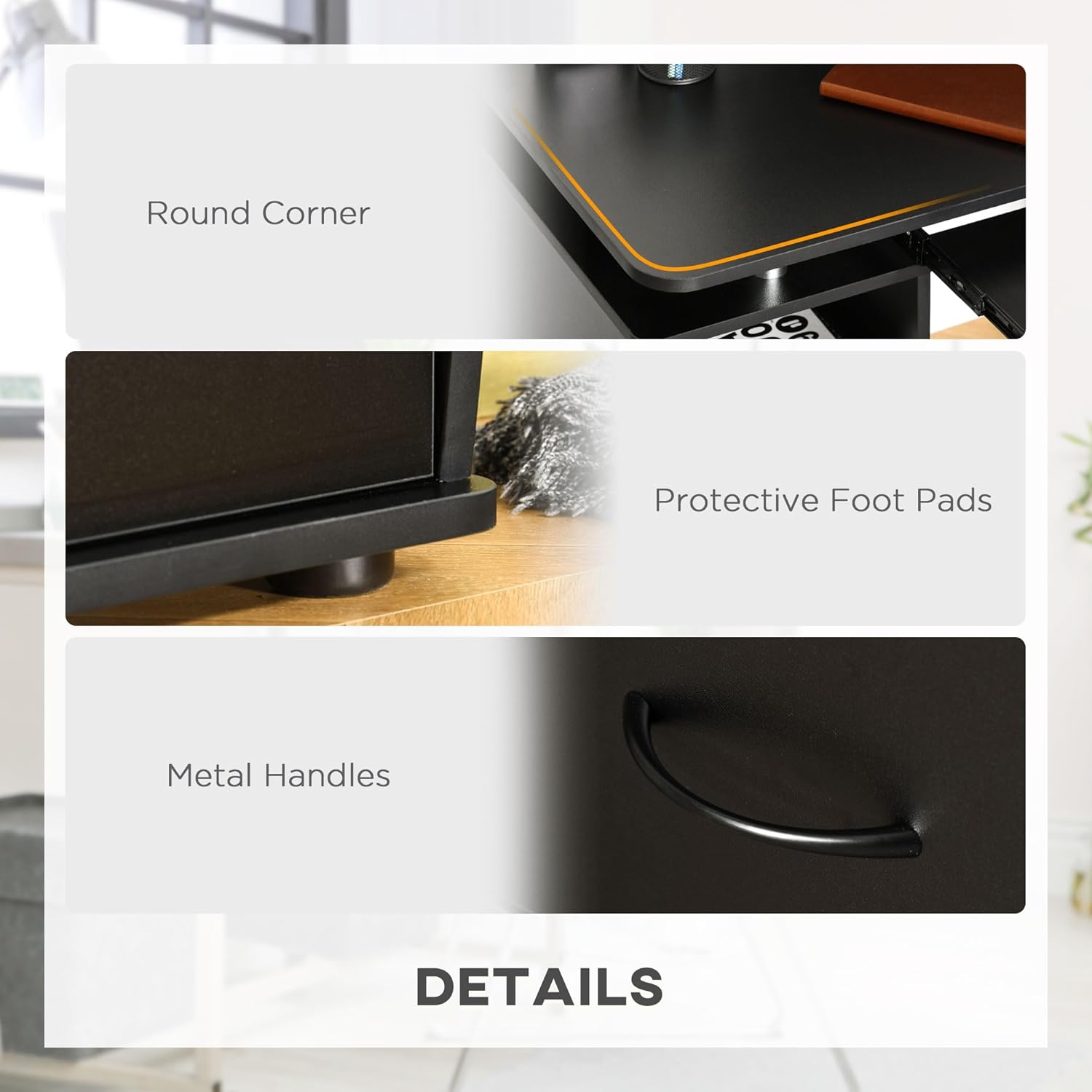 Details of HOMCOM Computer Desk: rounded corners, protective foot pads, metal handles