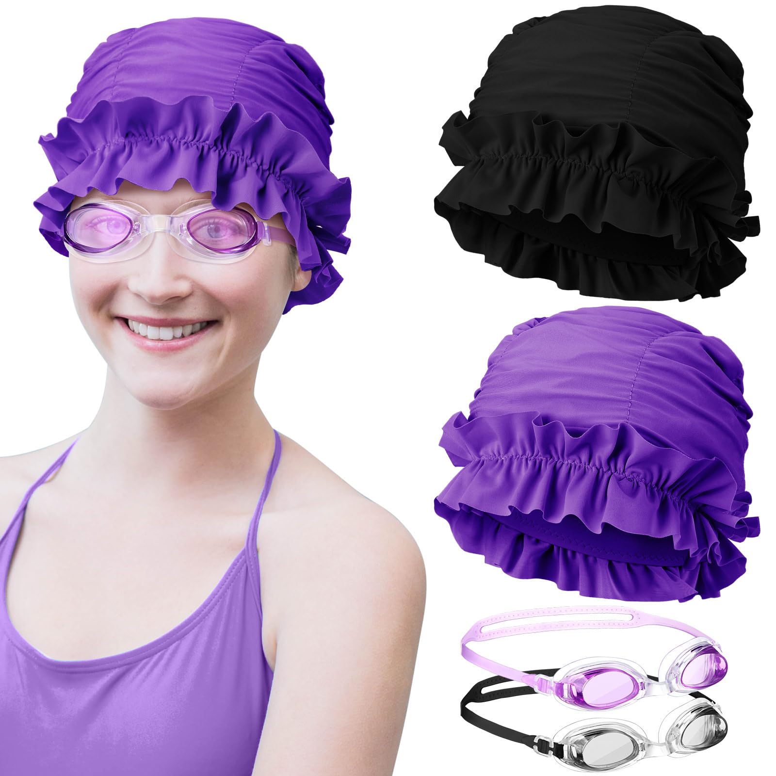 Kingdder 4 Pcs Swimming Goggles and Cap Women Adult Set 2 Waterproof Elastic Swim Caps Nylon Cloth Swim Hat Turban with Ruffled Edges 2 Anti Fog Swimming Goggles for Women