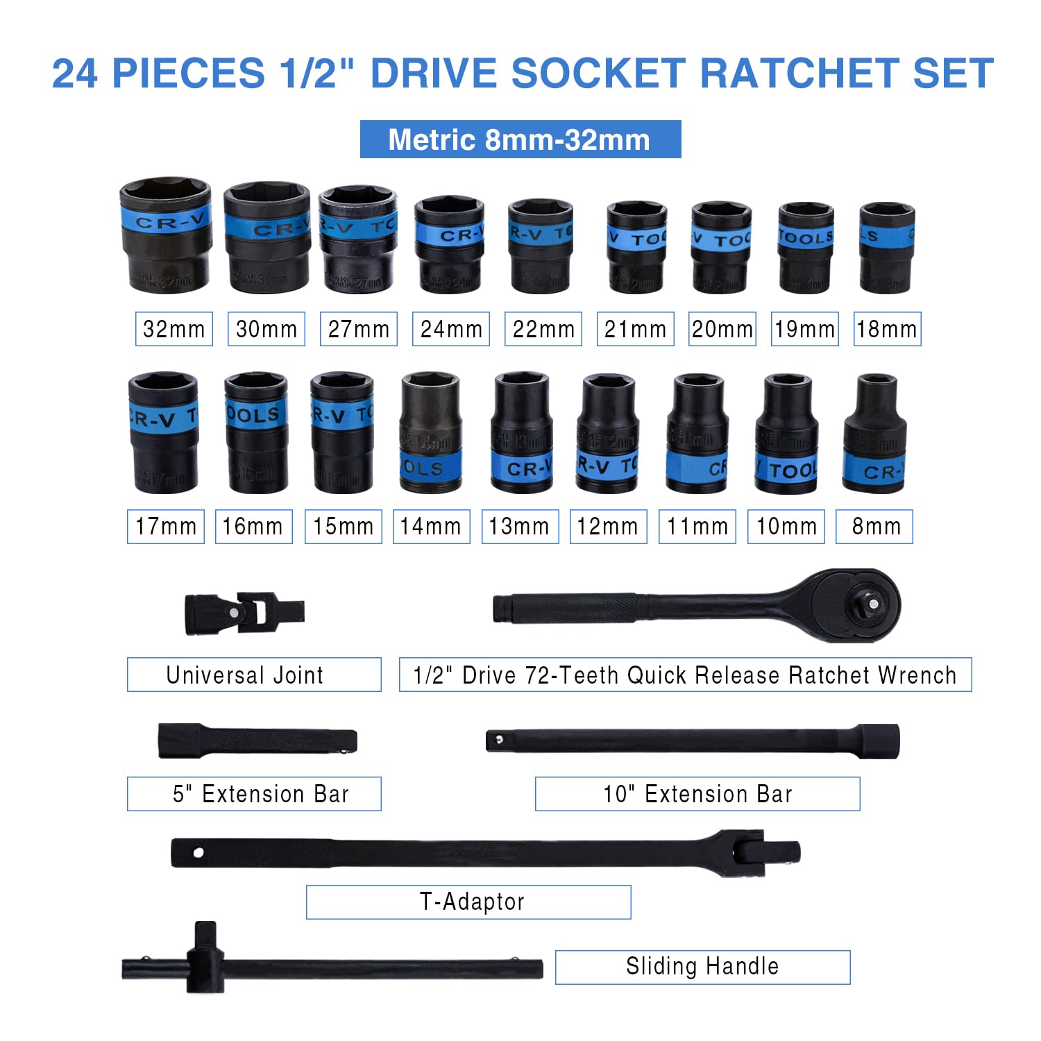 KATSU Tools Juego de 24 llaves de vaso de 1/2 pulgada CR-V, 6 puntos, métricas de 8-32 mm, llave de trinquete de liberación rápida de 72 dientes, funda de transporte de acero, herramienta mecánica