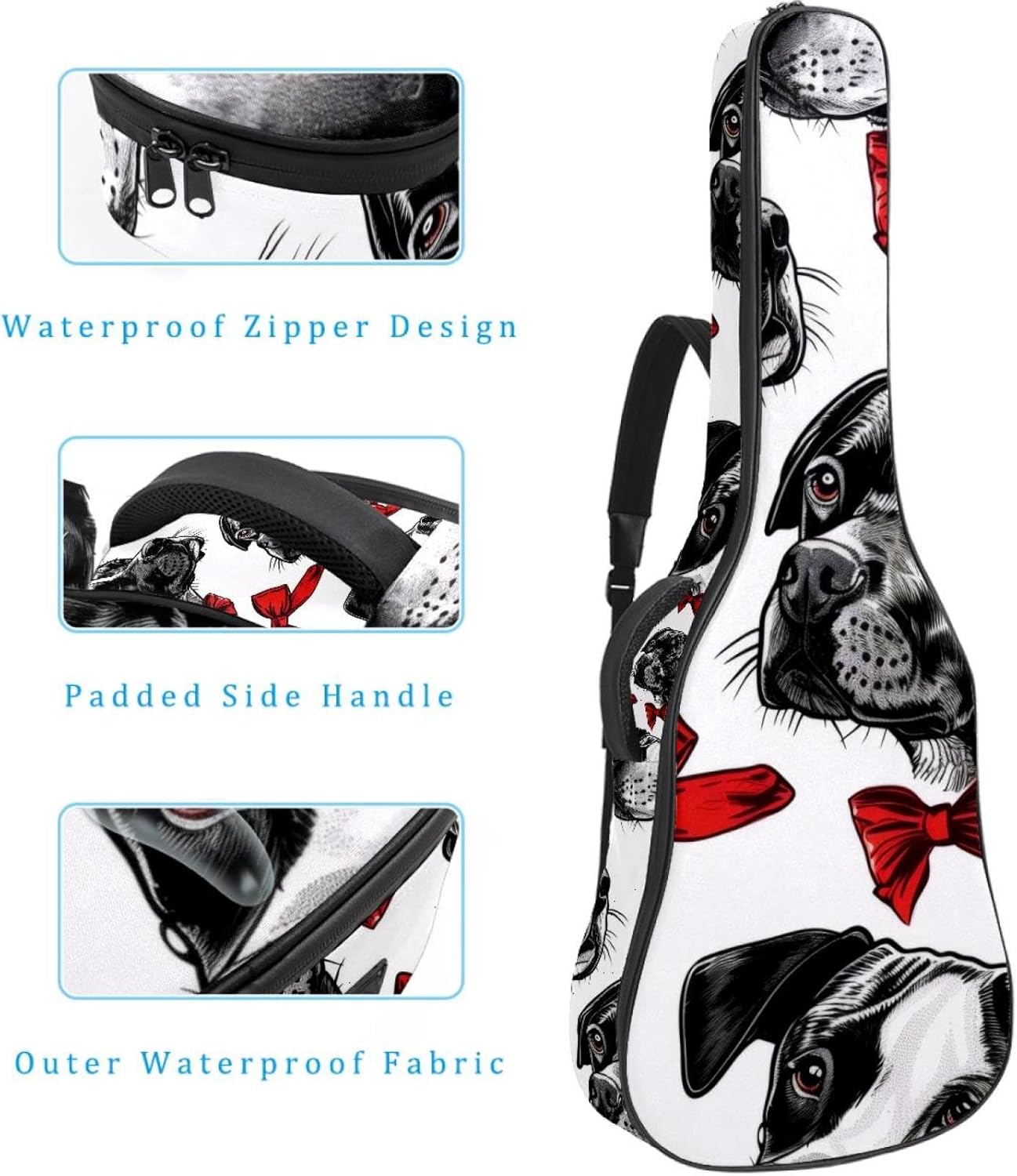 Acoustic Guitar Bag, 40 41 42 Inch Guitar Case Cover Soft Guitar Gig Bag for Acoustic Electric Bass Classical Guitar, Seamless Dogs and Red Bow
