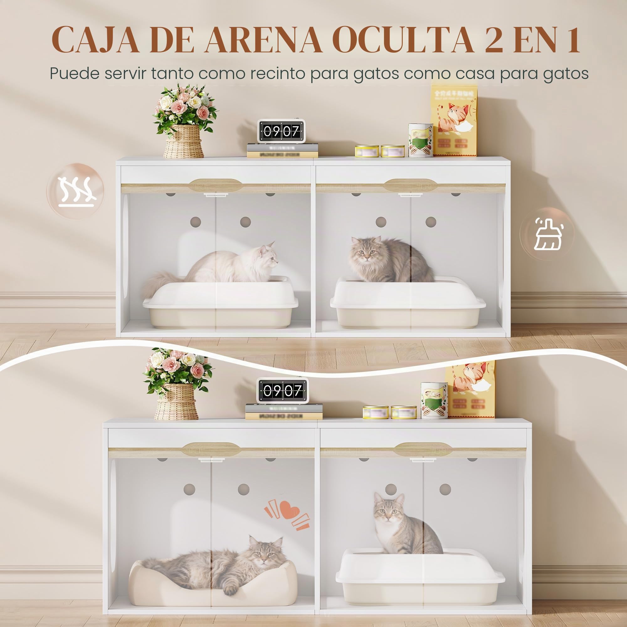 HEXCELEN Mueble Arenero 2 Gatos, Armario para Gatos, Oculto para Arenero con Puertas Dobles, Adecuada para Dormitorios, Salones, Armario de Almacenamiento, 120 x 50 x 53,4 cm, Roble Blanco y Blanco