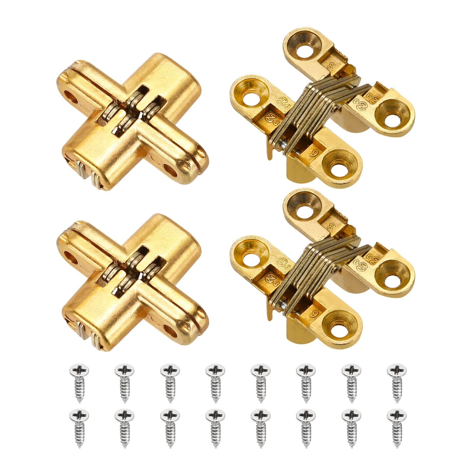 sourcing map 4Pcs Hidden Cabinet Door Hinges, 1.65" x 0.45" 180 Degree Cross Concealed Hinge for Wooden Box Invisible Door, Gold