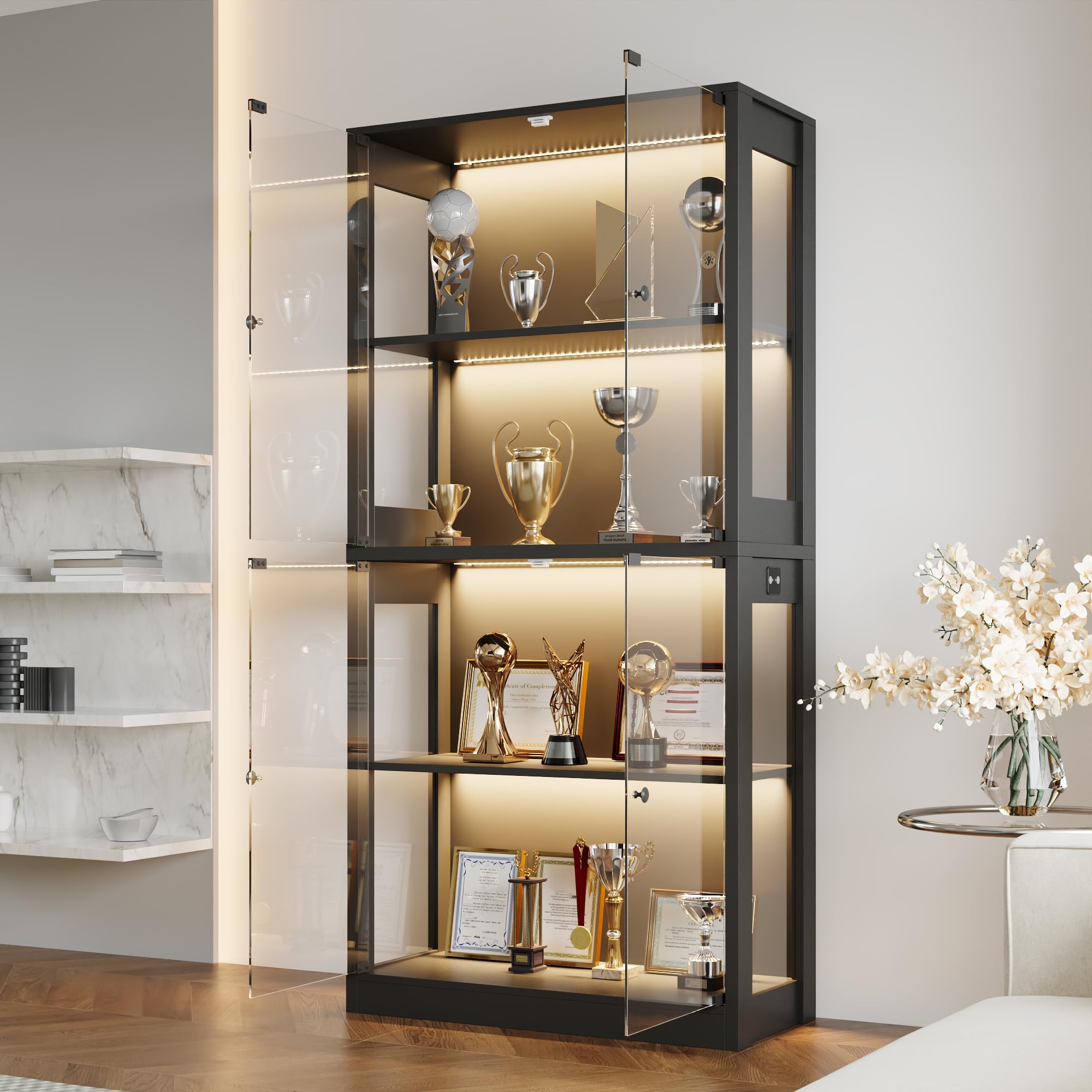 DEZAGCE Black Modern Display Cabinet with Glass Doors, 4-Tier Storage Cabinet with LED Lights, Display Shelf for Collectibles Living Room Bedroom Office — image 1