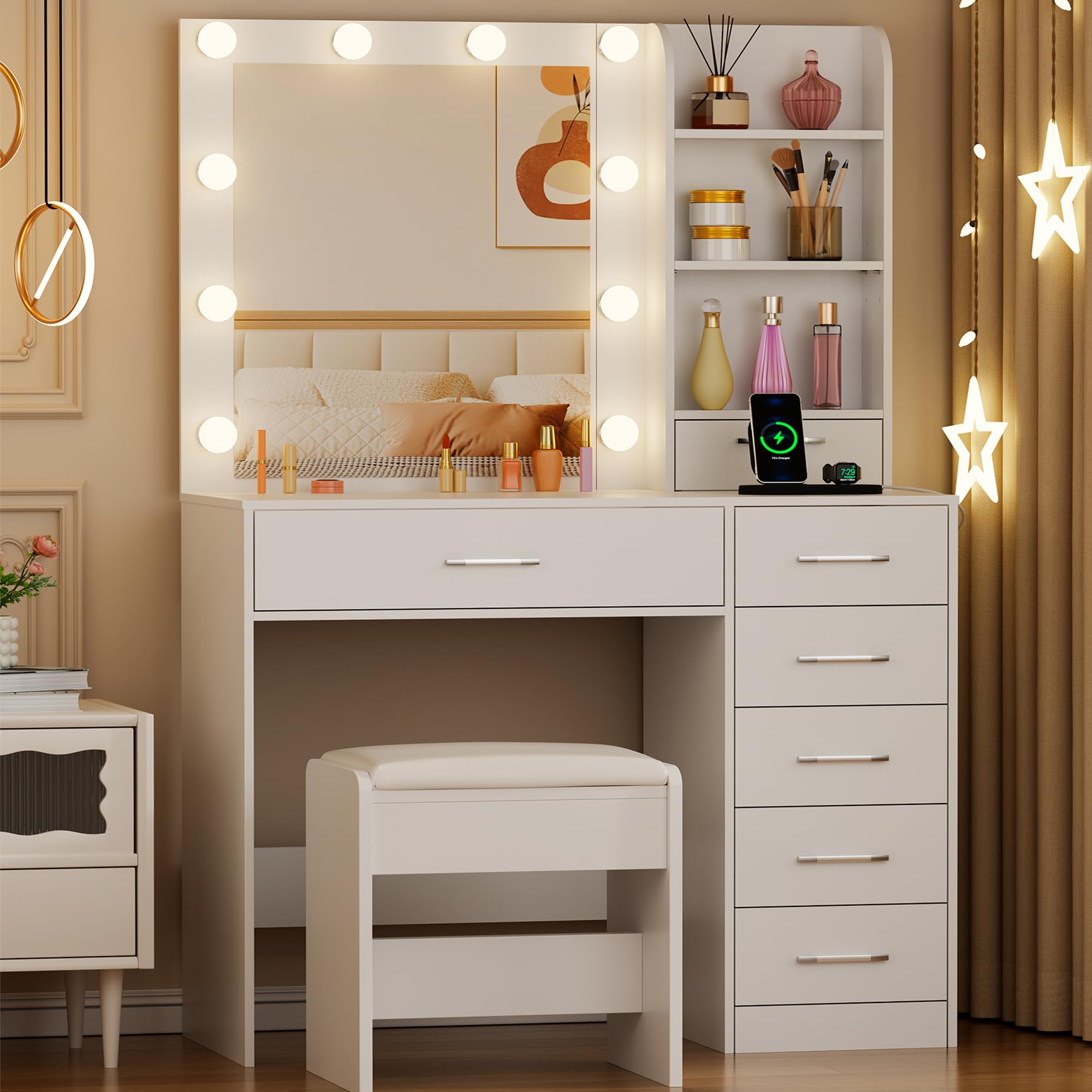 BEWISHOME Toeletta Trucco con Specchio e luci LED,luminosità Regolabile,Tavolo da Trucco con Presa,Sgabello,7 Cassetti e 3 Ripiani Aperti,Moderno Bianco Postazione Trucco per Camera da Letto EFST51W