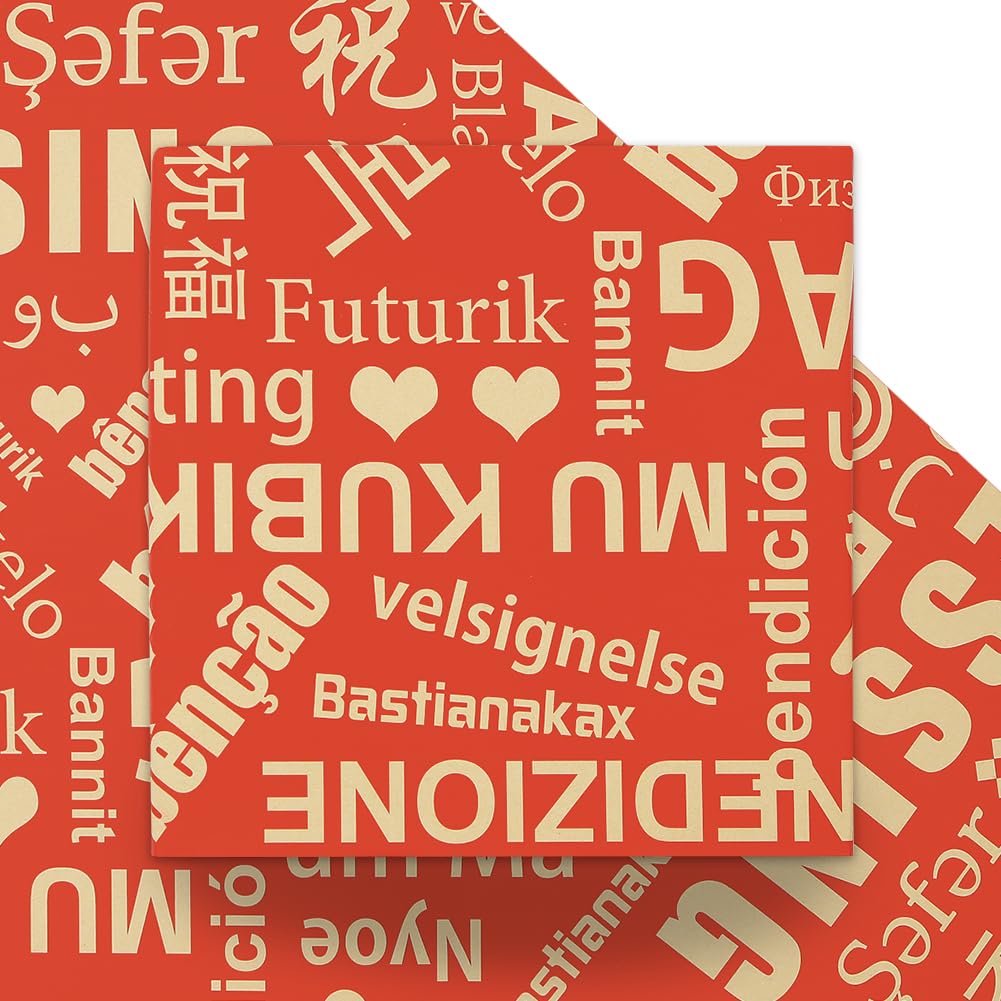Red Gift Wrapping Paper for Blessing,4 Sheet Blessing Word in Different Languages Kraft Wrapping Paper 28x20 inches French Chinese Korean Craft Wrapping Paper for Birthday Wedding Woman Man Gift Wrap