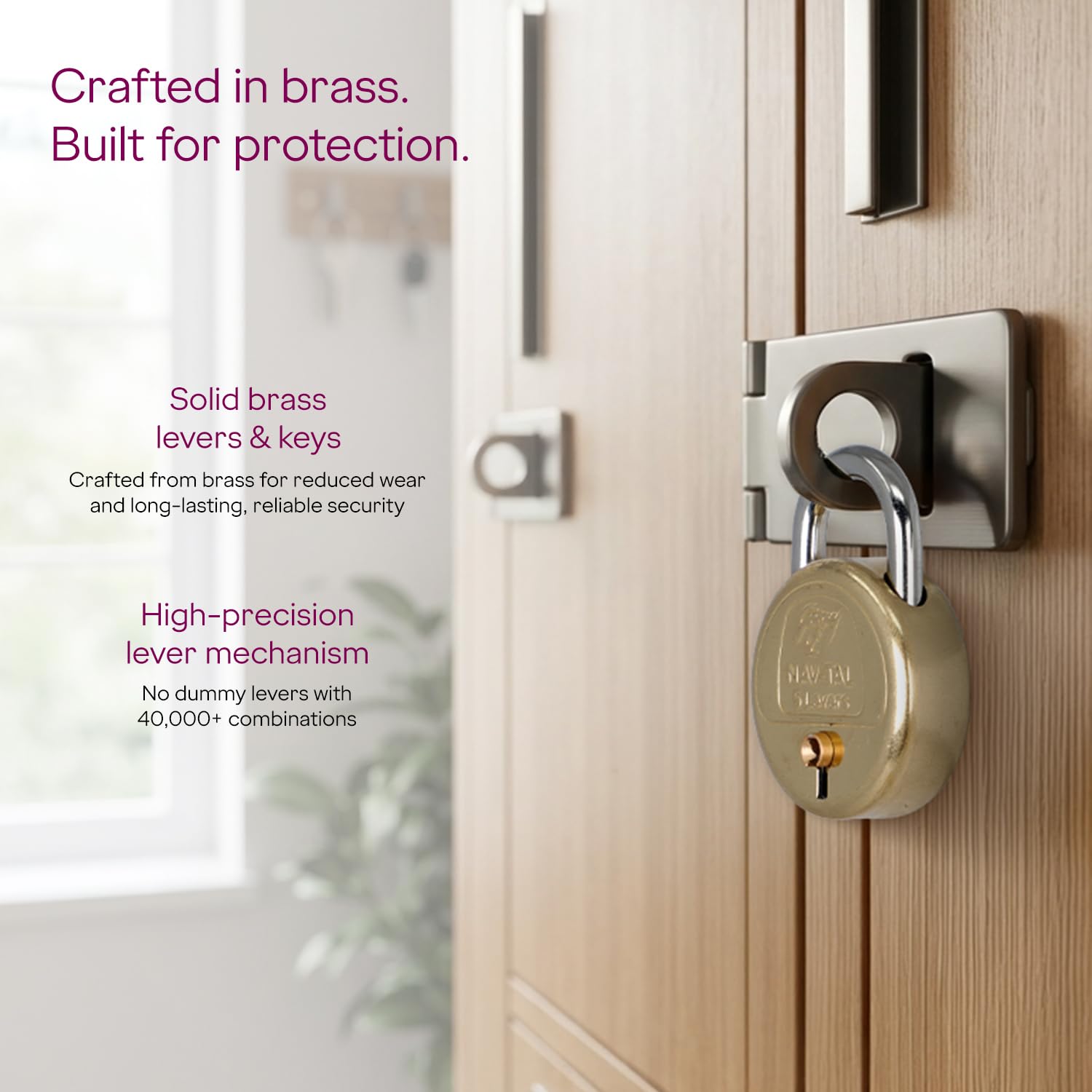 Godrej Padlock | Navtal 5 Lever Brass Padlock 40mm with 3 Keys | Strong Steel Shackle | Rust Resistant Lock for Main Door, Gates, Lockers, Cabinets, Travelling Bags & Tool Boxes | 1 Year Warranty — Amazon image 3