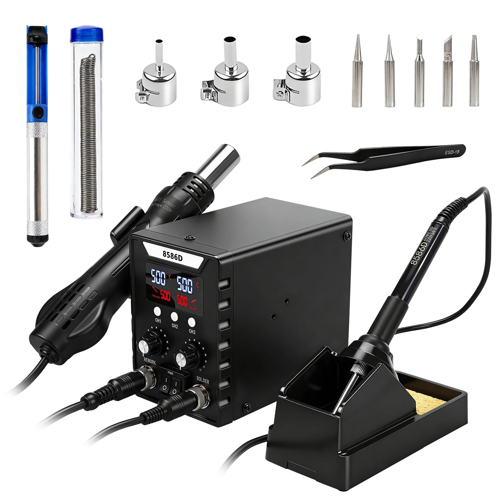 Kit de estación de soldadura de aire caliente 2 en 1, 180 – 500 °C, pantalla digital 8586D, con pistola de calor de 700 W + soldador de 60 W, múltiples puntas, herramienta de desoldadura para soldar y
