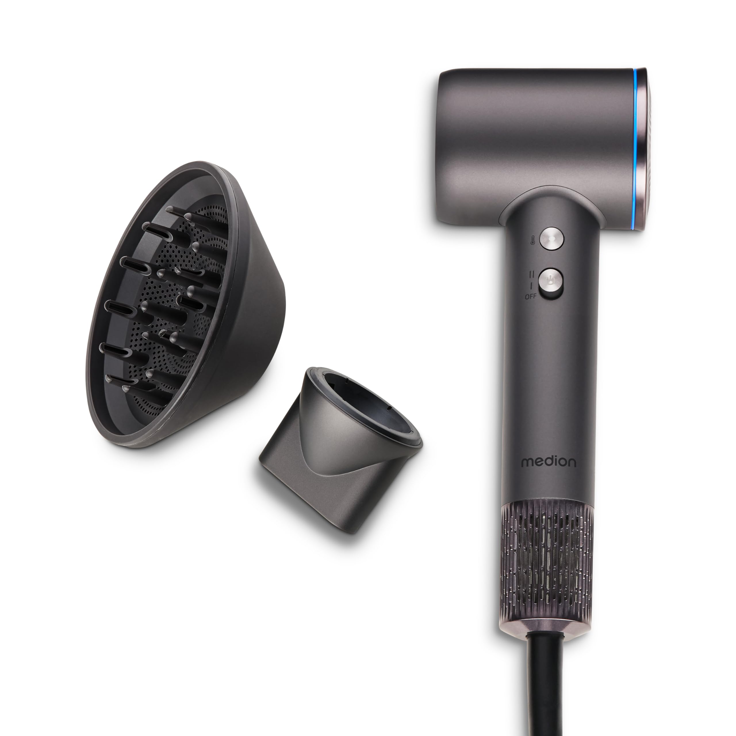 Asciugacapelli MEDION HD1 (tecnologia ionica, 1.600 watt, diffusore magnetico e bocchetta per lo styling, motore BLDC a lunga durata, luce LED ad anello, cavo di alimentazione lungo) grigio