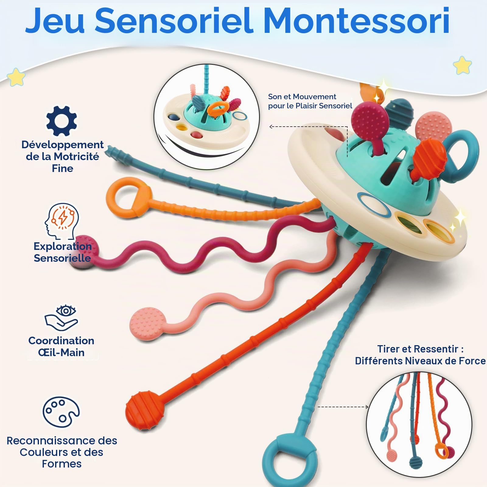Jouet Sensoriel Montessori Bébé 1 an, Jouet à Tirer OVNI Éducatif Motricité Fine
