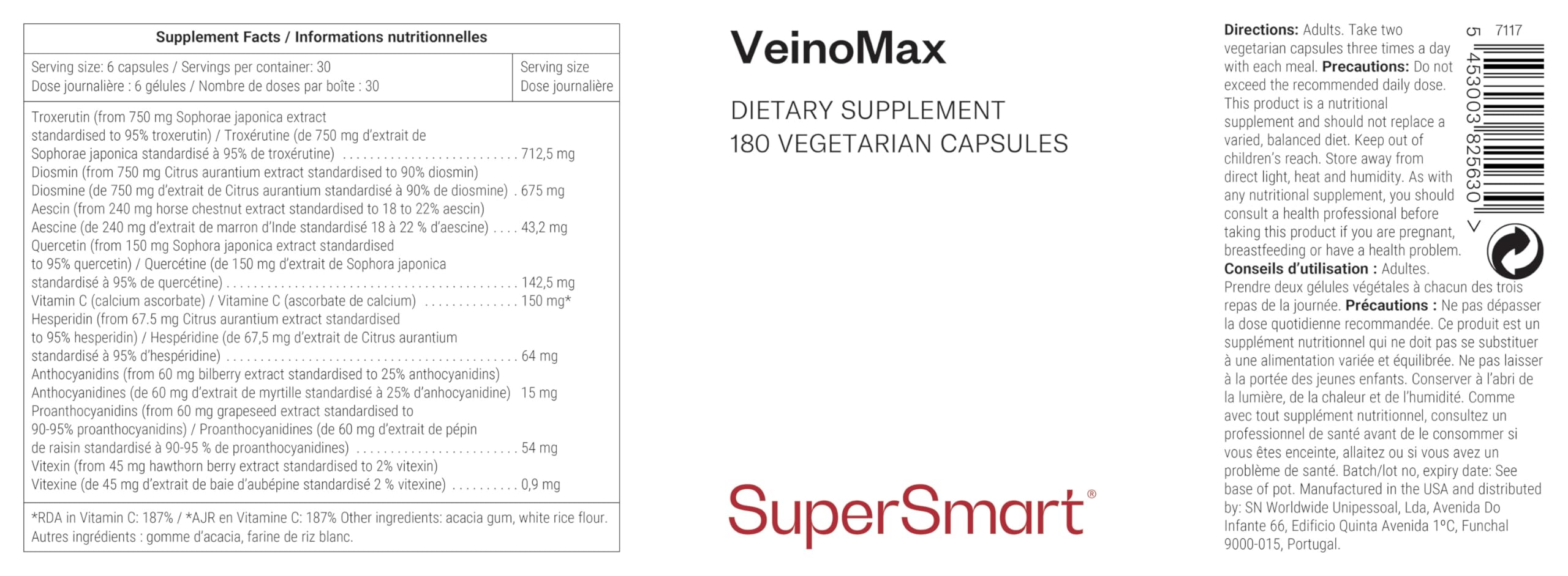VeinoMax - Rosskastanien- und Pflanzenextrakt-Komplex - Vegan - SuperSmart