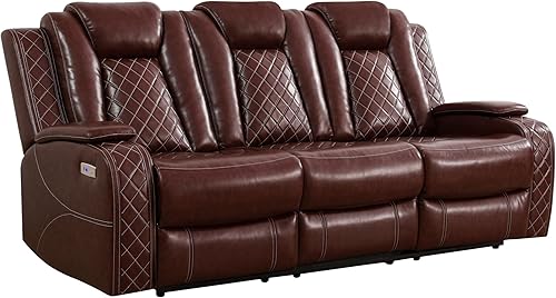 Miniatura 5 de Juego de sofá reclinable eléctrico con LED, muebles de sala de estar reclinables de cuero transpirable, sofá reclinable de cuero con puerto