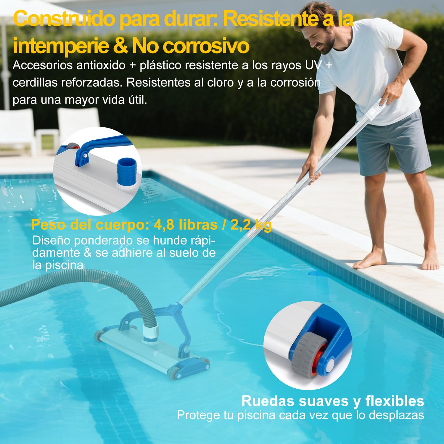 Cepillo para Piscina con Conexión de Aspiración 34 cm de Aluminio con 4 Ruedas, Cabezal Aspirador de Piscina Pesado 2,2 kg para Manguera de 38 mm, Cepillo Aspirador para Piscinas Elevadas y Enterradas — view 5