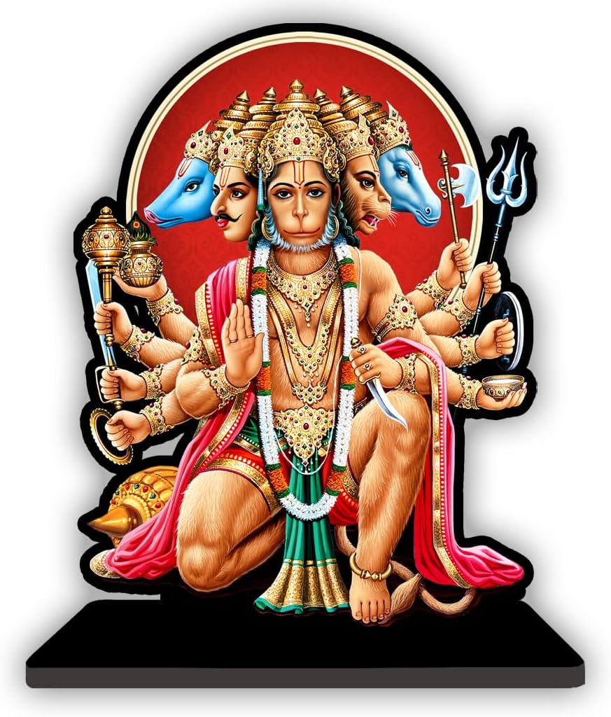 God Hanuman Hindu Deity Decorative Table Stand,Multi-Coloured Statue,Gold Crown Ornaments,Wood Made Home Decor|Office|Living Room,Gift|Modern Decoration Items|Figurine|Culture Items, Set of 1