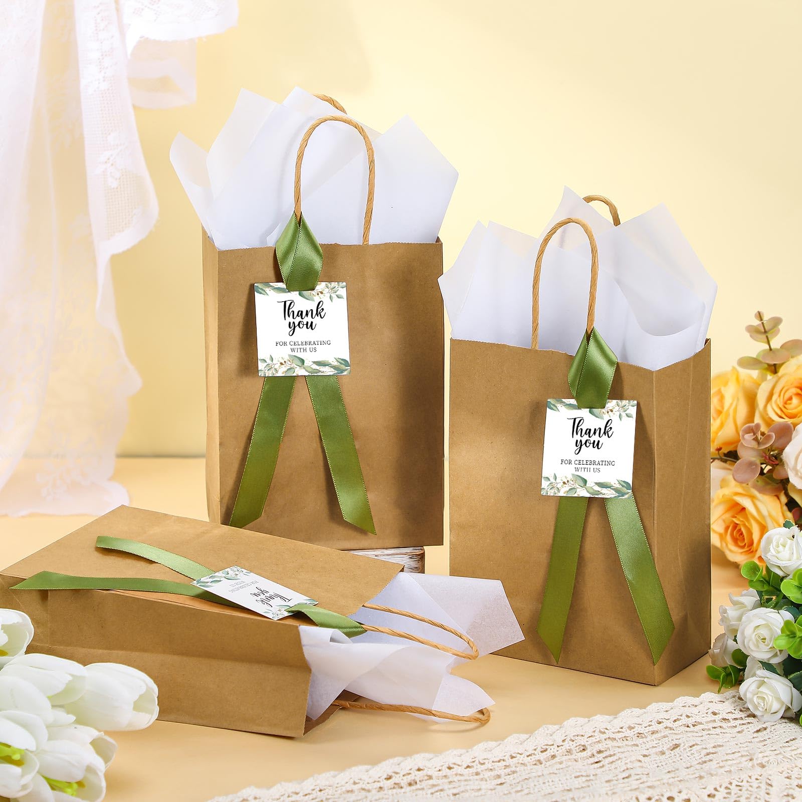 Motipuns 50 Sets Wedding IFF17 Welcome Bags For Guests Bulk Wedding Paper Gift Bags Handle Faux Eucalyptus Stems Chiffon Ribbon Thank You Cards Baby Show - View #7