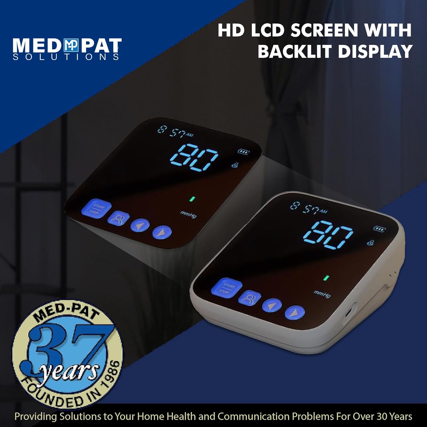 Med-Pat BP-S Arm Blood Pressure Monitor - 4.7" HD LCD Screen - 2 Users x 300 Memories Plus Guest Mode - Irregular Heartbeat Detection - Hold Still Indicator - Portable Square Design