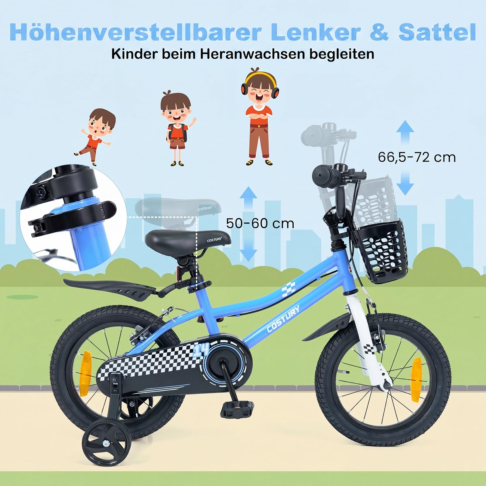 COSTWAY Kinderfahrrad mit Korb, 14/16 Zoll Fahrrad mit höhenverstellbarem Sattel & Lenker, Kinderrad mit Klingel, Schutzblech & Stützrädern für 3-7 Jahren Jungen & Mädchen