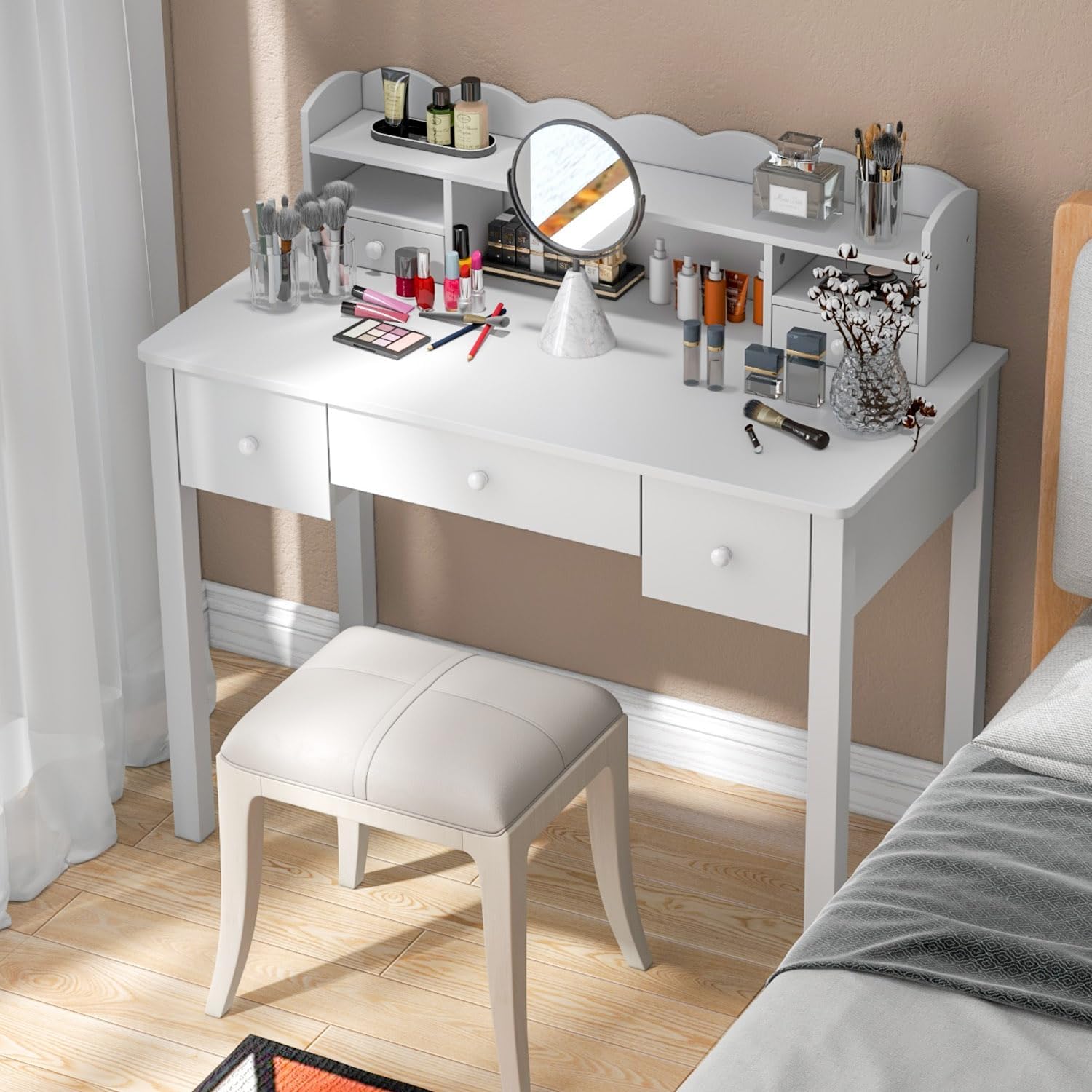 White Writing Desk with Hutch & 5 Drawers - 40 Inch Modern Computer Workstation for Home Office, Teen Desk, Small Study Desk, Ideal for Gift