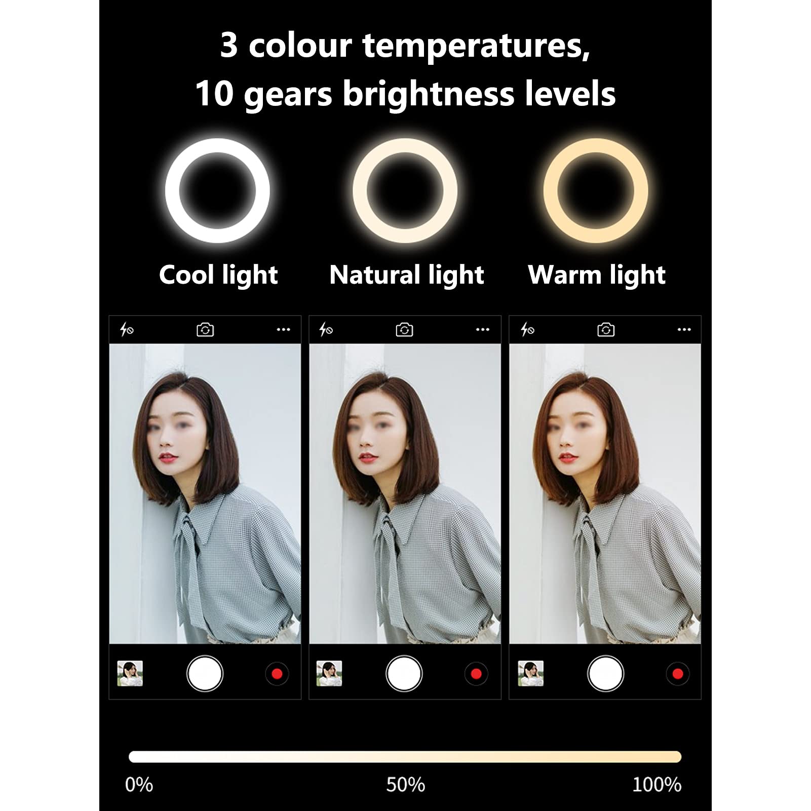 Treppiede con luce di riempimento per selfie, luce per fotografia ad anello dimmerabile con 3 modalità colore, supporto per telefono cellulare per video, trucco (dimensioni : 26 cm di luce) (32 cm