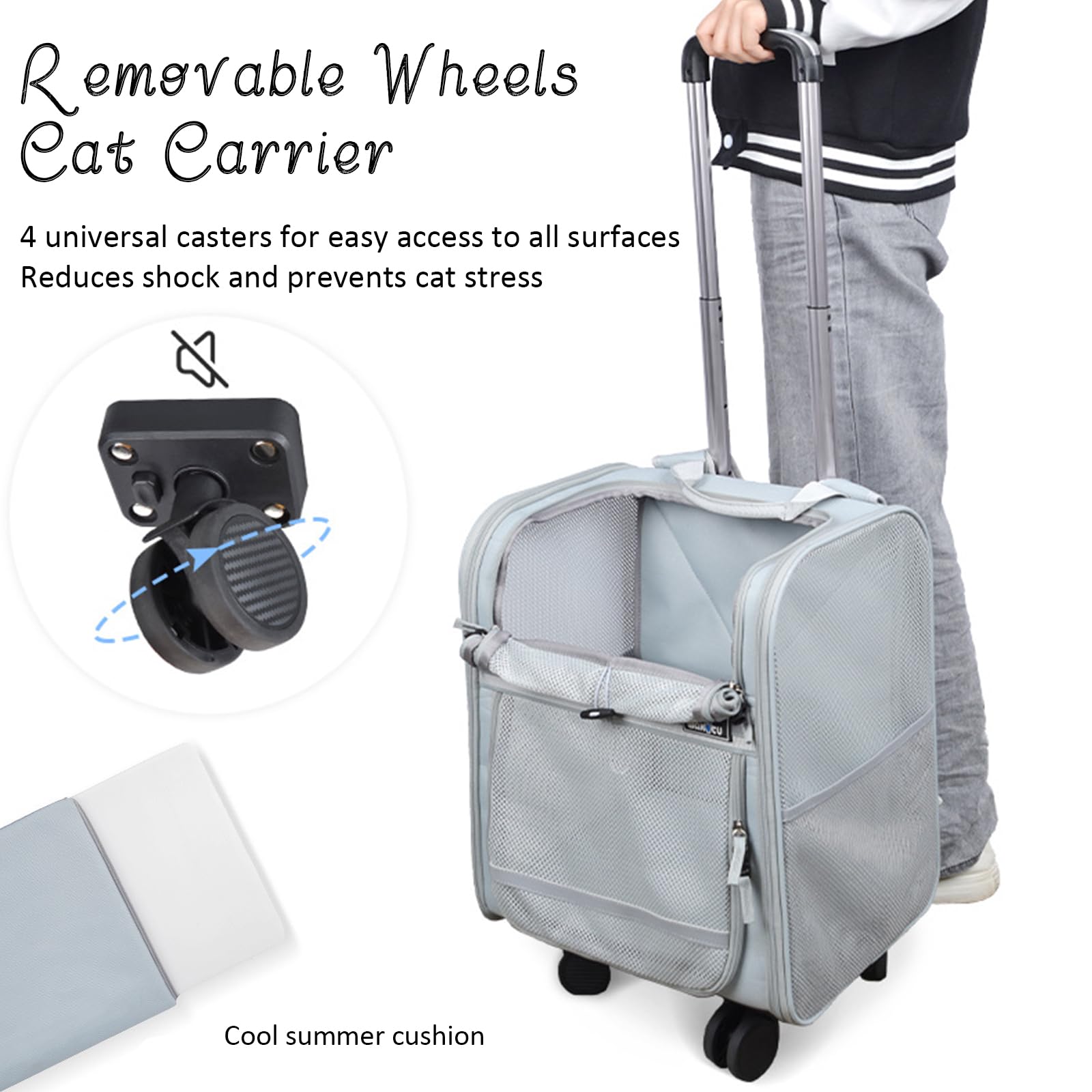 Transportin Gato con Ruedas, Mochila con Carrito para Mascotas, Transportin Gatos Perros De Menos De 8KG con Ruedas Y Varilla Telescópica, Bolsa Transporte De Viaje Transpirable