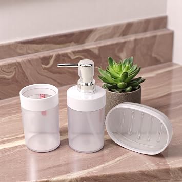 Deconox Acrylic 3-Piece Bathroom and Sink Set - Toothbrush Holder, Liquid Soap Dispenser and Solid Soap Dispenser - Stylish, Durable, Modern Bathroom Organizer (ASORTİ)