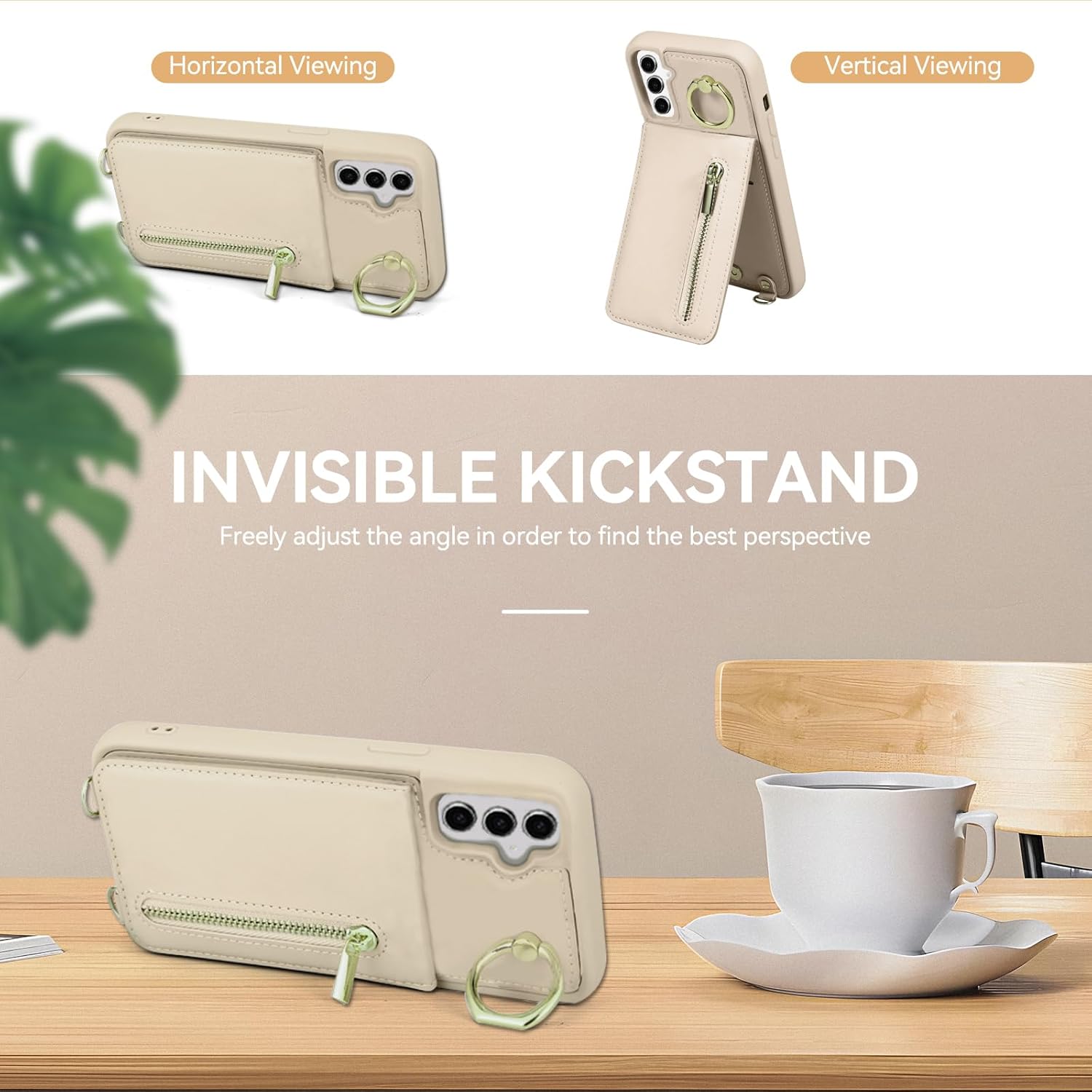 Crossbody Wallet Case for Samsung Galaxy S26, with Card Slots Zipper Pocket Case, Flip Folio Purse RFID Blocking with Ring Kickstand Detachable Strap-Beige