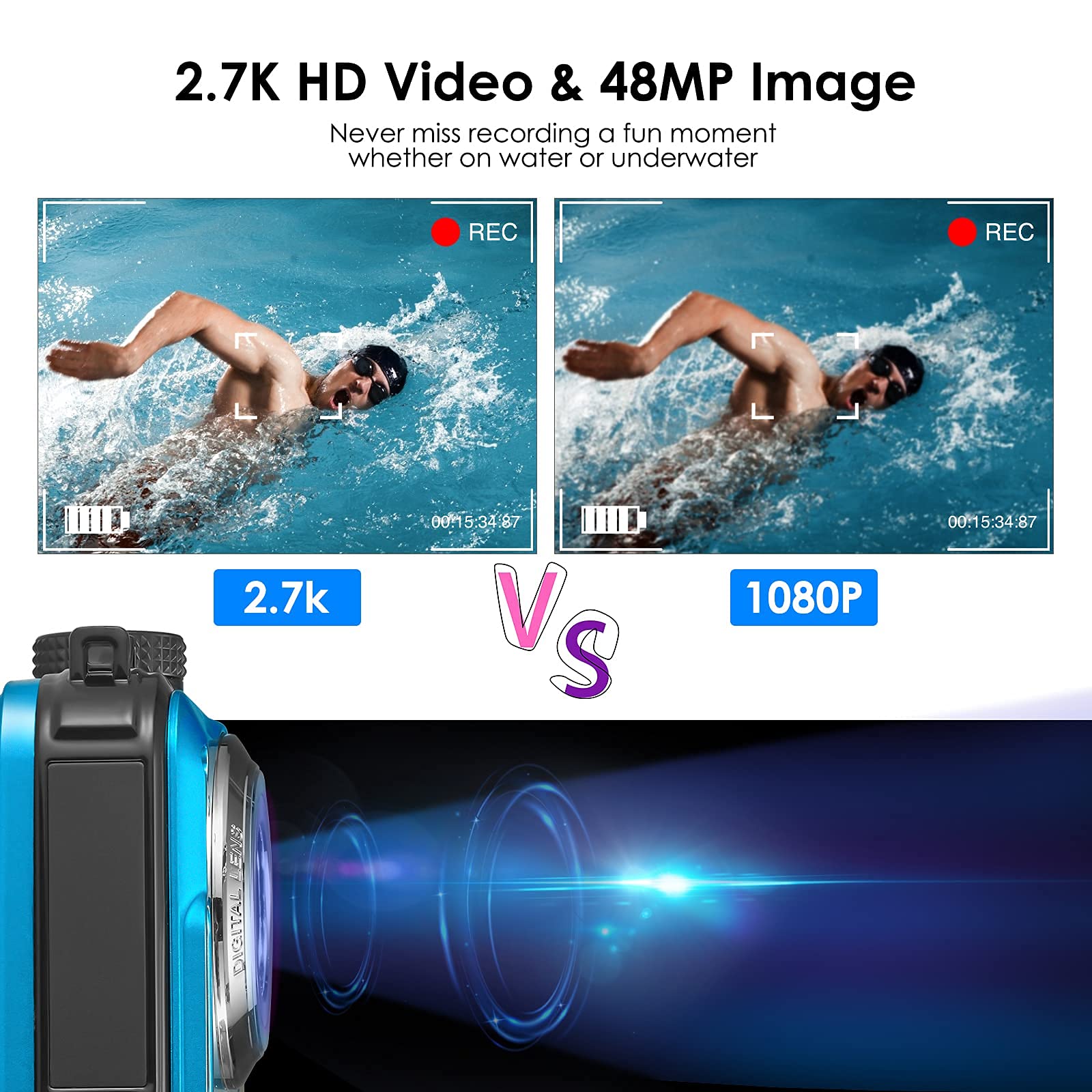 Cámara Acuatica, Aomdom FHD 2.7K 24MP Cámara Subacuática con Zoom Digital 16X, Cámara Digital a Prueba de Agua Pantallas Duales micrófono, LED y Temporizador para niños y Principiantes
