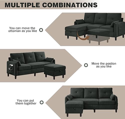 Miniatura 6 de Sofá modular convertible de 77 pulgadas, moderno sofá en forma de L de 3 asientos con otomana reversible y bolsillo de almacenamiento, sofás