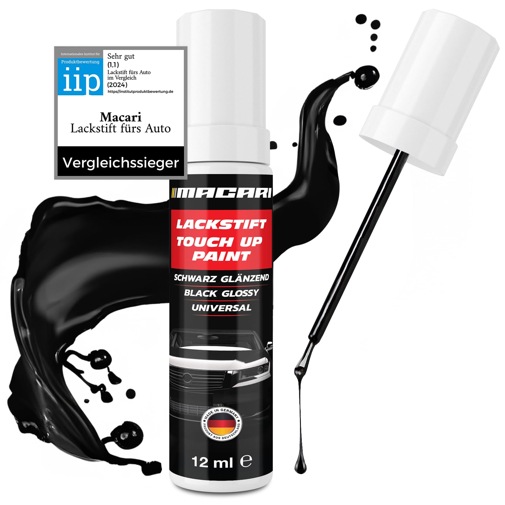 Macari 12 ml Lackstift Schwarz Glänzend. Lacktupfer Auto Lackstift 