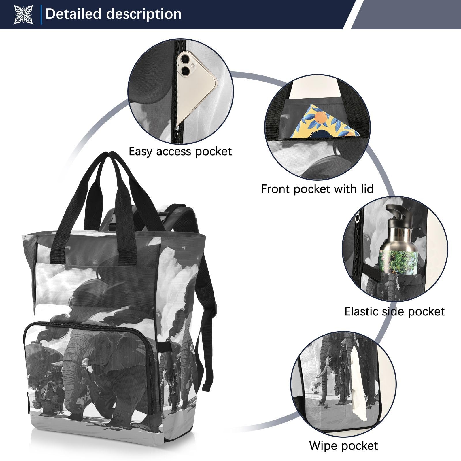 Poderosos Elefantes Negros Bolsa de Pañales Mochila de Viaje Gran Capacidad Bolsas para Mamá Papá Mujeres Niñas