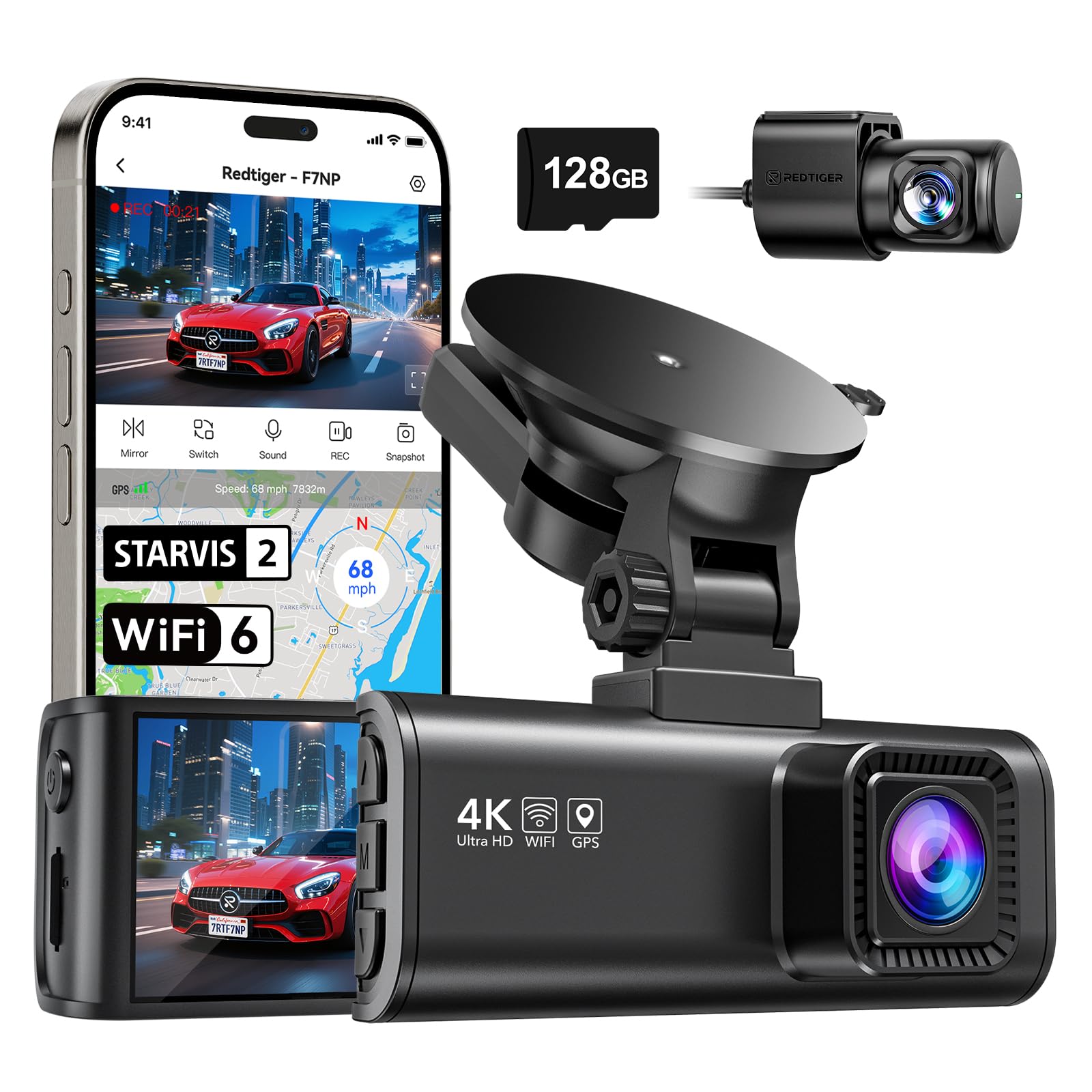 REDTIGER 4K Dash Cam Front and Rear, STARVIS 2 Ultra Night Vision DashCam F7NP-128GB SD Card