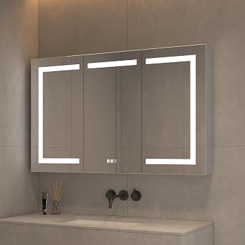 48x30 Bathroom LED Mirror Medicine Cabinet Recessed or Surface Wall Mounted Bathroom Cabinet with Storage Shelves Smart Touch Dual Outlets and USB Anodized Aluminum 3 Door