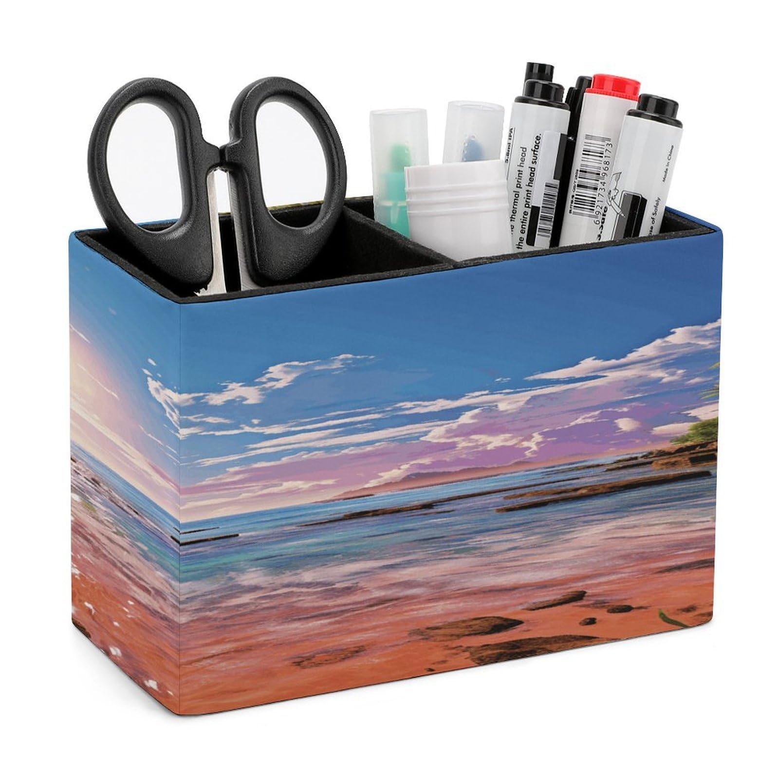VstaDank Summer Beach with Palm Trees Pen Holder Double Compartments Pen Cup Fashion Makeup Brush Holders Leather Pencil Holder for Work Locker Accessories Modern Pencil Cup for Desk Organizer