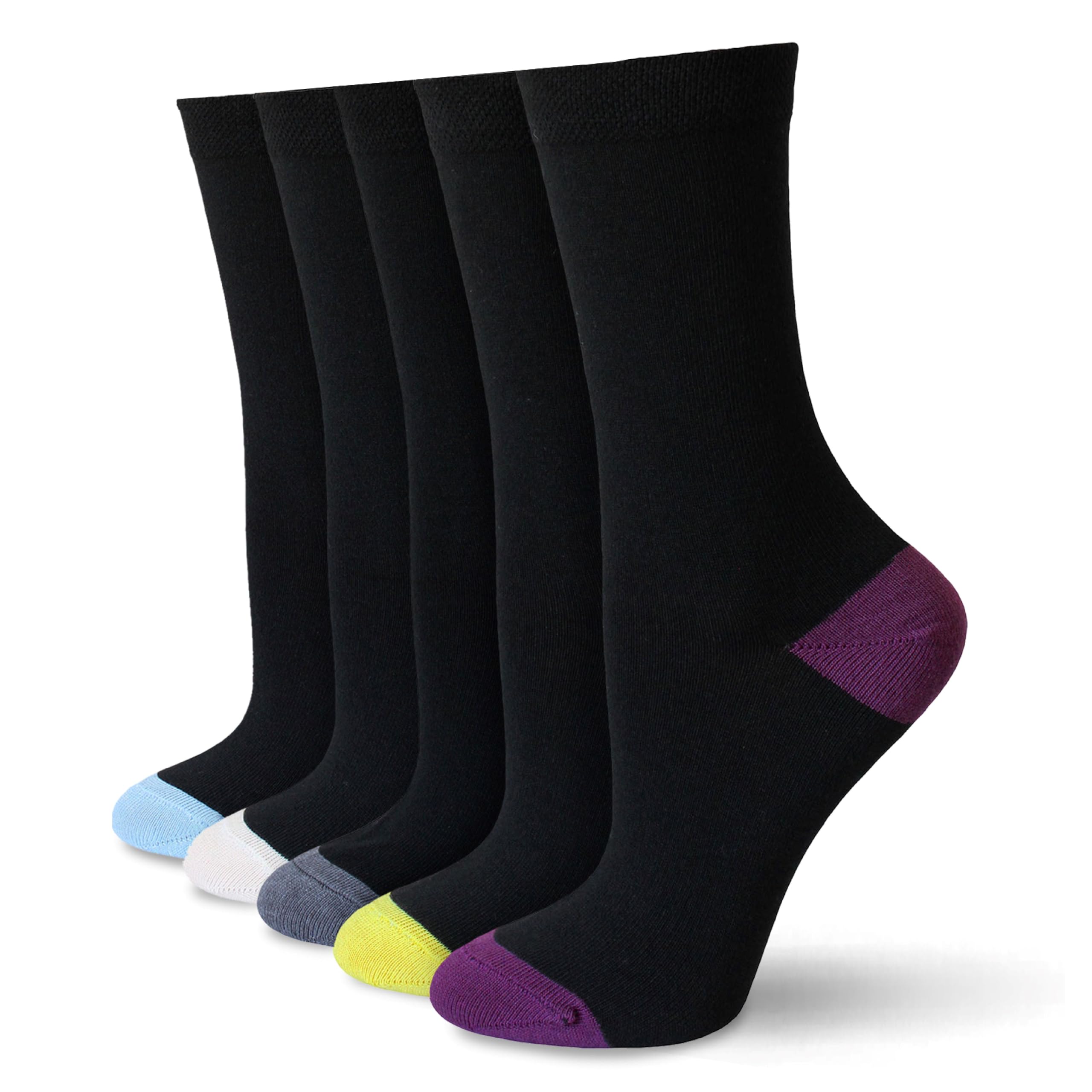 Socksmad Gentle Grip Ladies Socks 4-7 UK - Womens Black Socks for Work, Events & Casual Wear - Coloured Heel & Toe - Multipack, Cotton Rich, Honeycomb Soft Tops - Assorted PK 2, 5 Pairs