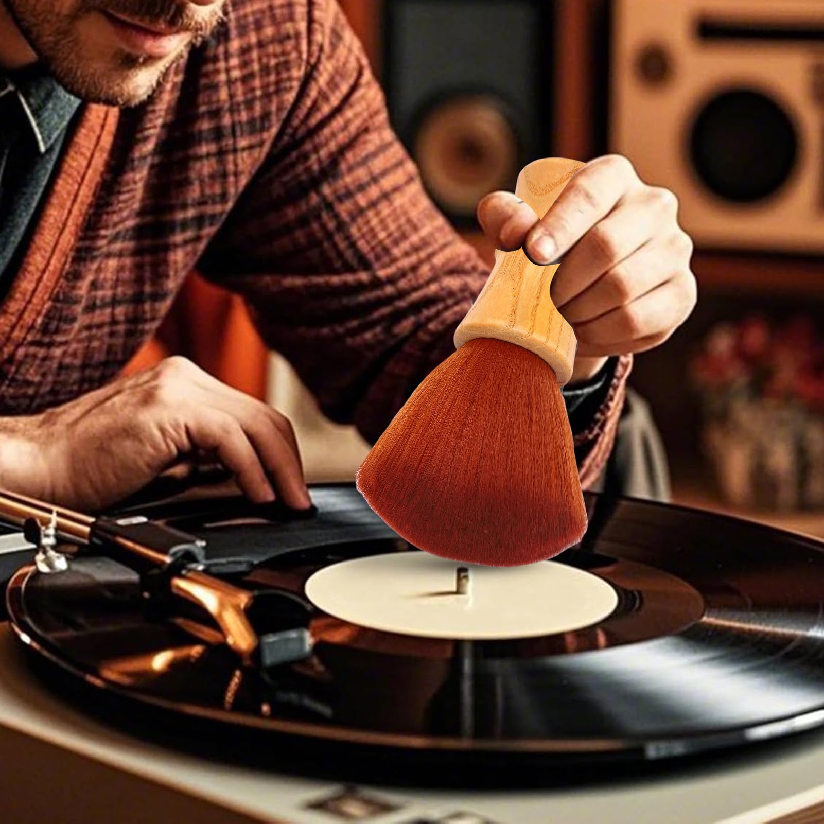 Brosse de Nettoyage, Pinceau de Nettoyant à Disques LP Anti-Statique, Poignée en Bois Rétro, Brosse à Déménagement à Poussière avec Fibre Ultra Fine pour Les Soins Albums CD LP,