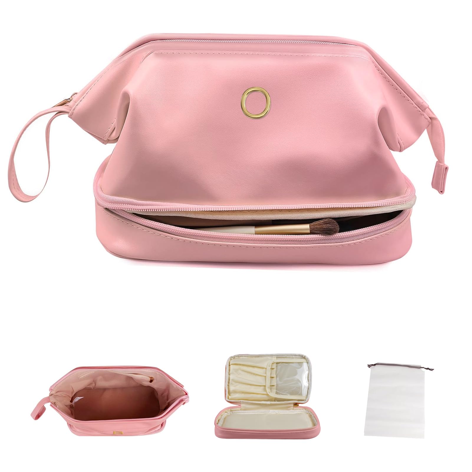 VogewoodInitial Large Makeup Bag, Personalized Double Layer Cosmetic Bag with Makeup Brush Organizer, Waterproof, Large Capacity PU Leather Travel Toiletry Bag, with 2 Drawstring Toiletry Organizers,