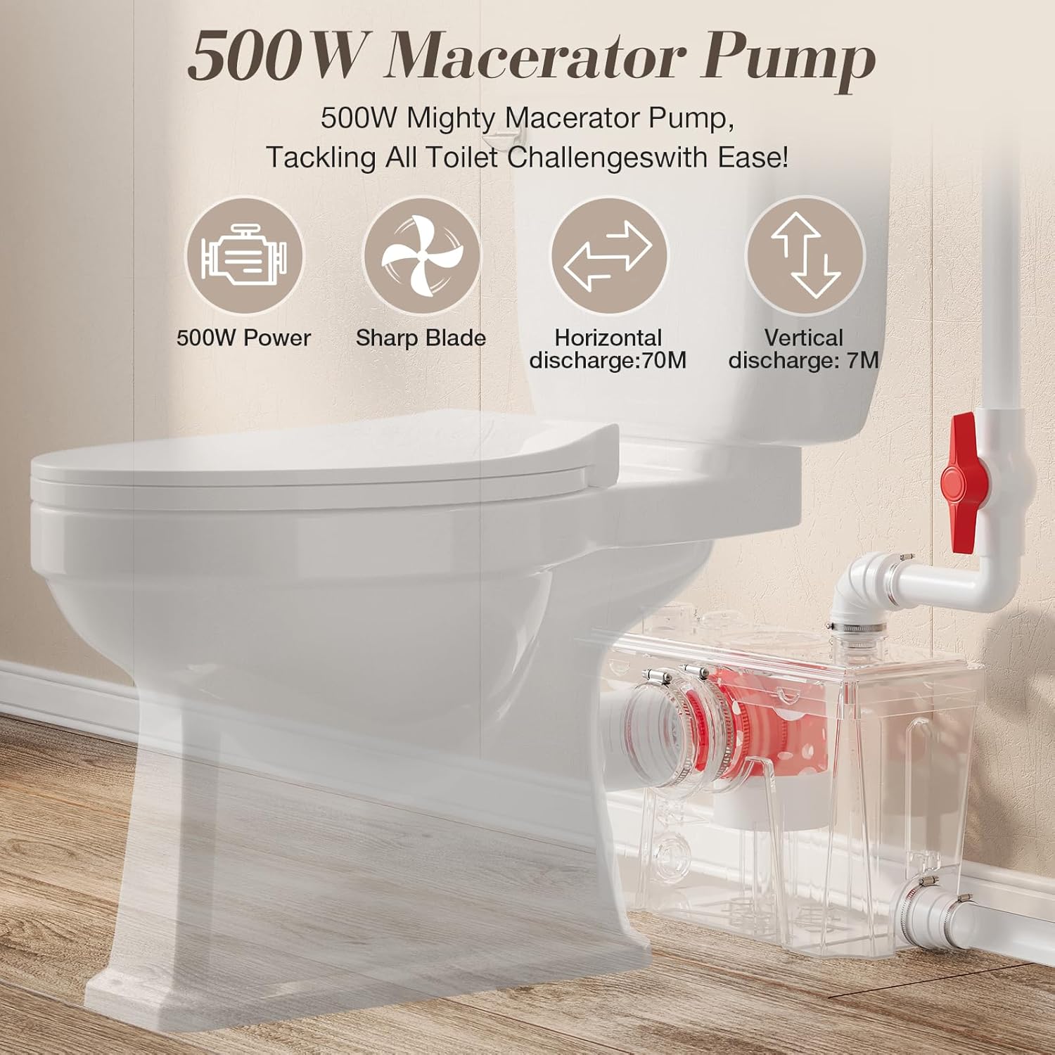 500Watt Upflush Toilet with Bidet Sprayer- Macerating Toilet withToilet Bowl,Toilet Tank and Macerator Pump with 4 Water Inltes for Kitchen Sink, Bathroom, Laundry