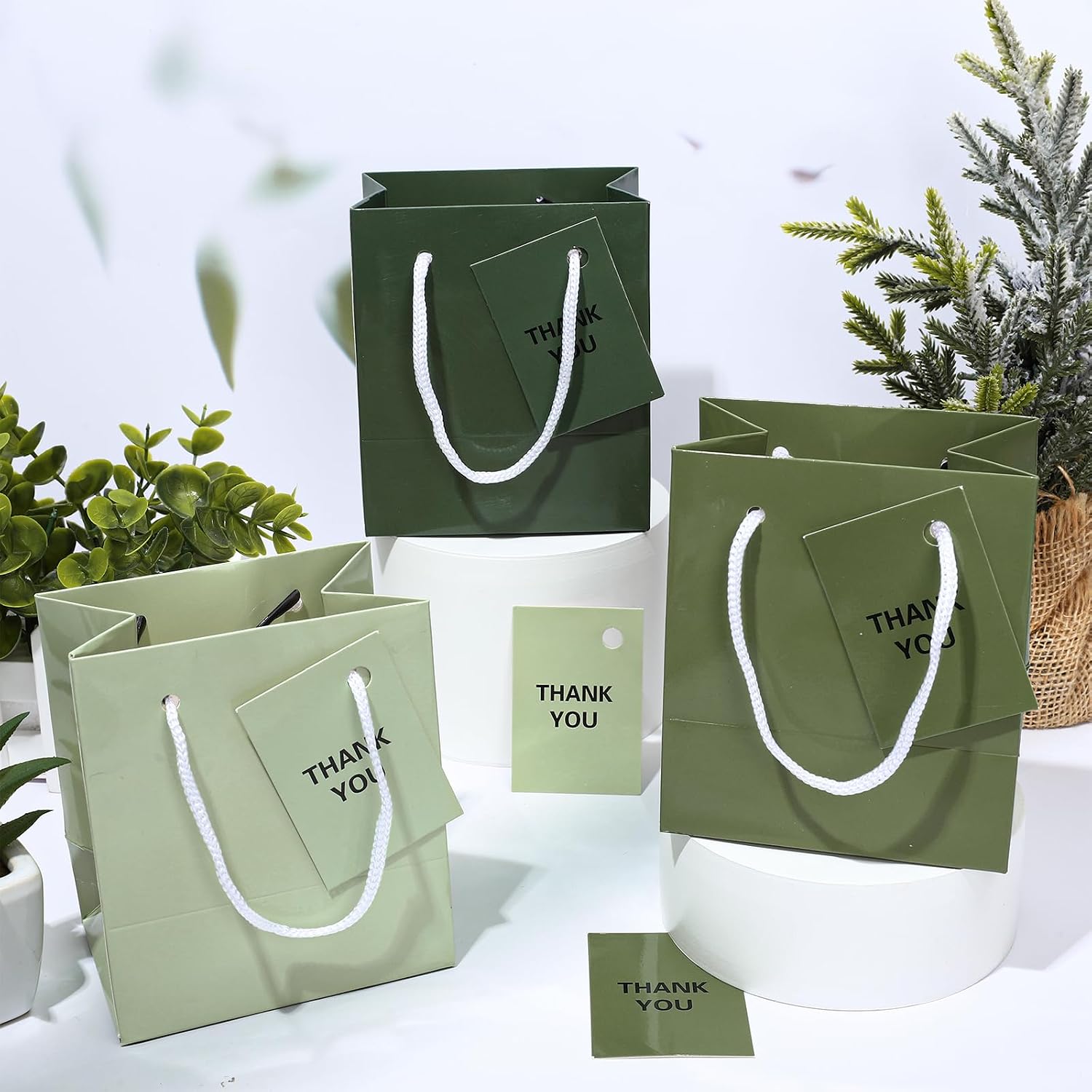 Whaline 60Pcs Sage Green Mini Gift Bags with Thank You Tags Gradient Solid Green Paper Bags with Handle One Lucky Duck Party Favor Bag For Wedding Birthday Baby Shower Mallard Duck Party Supplies image 5