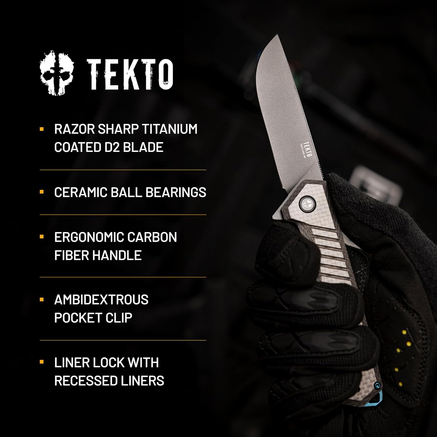 TEKTO F1 Alpha Folding Pocket Knife - Modified Straight Back Blade,Titanium Coated D2 Steel, Ideal for Outdoor Camping and Backpacking, Tactical Carbon Fiber Handle, Blue Titanium Accents