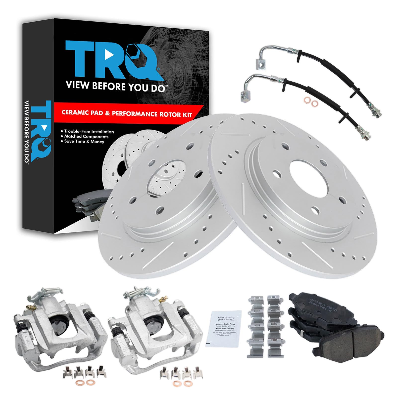 TRQ Performance Rear Brake Pad and Rotor Set Ceramic Slotted Drilled Coated Rotors Calipers Compatible with 12-16 Chrysler Town and Country Grand Caravan 12-15 Ram Cargo Van 13-14 Volkswagen Routan