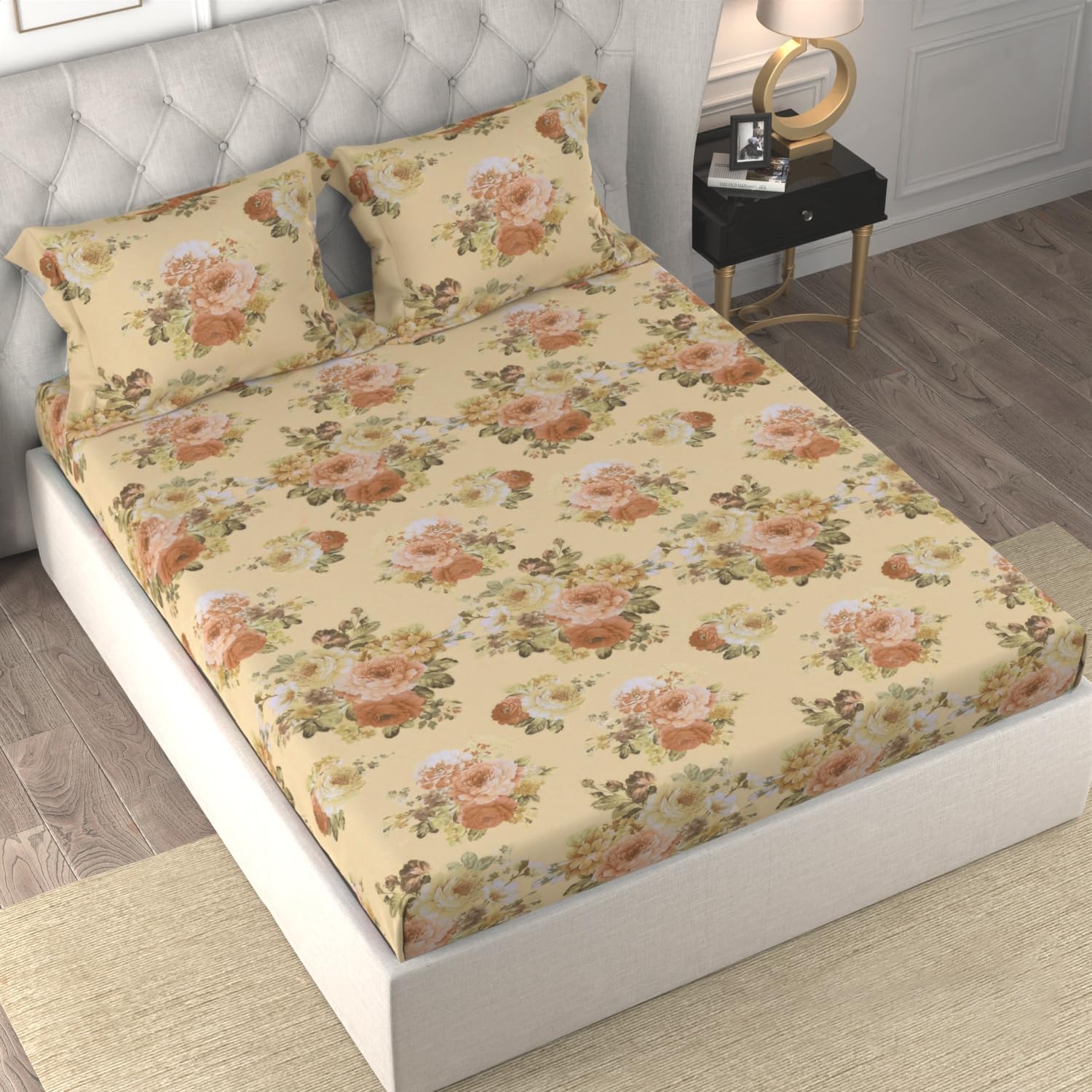 Cloth Fusion Glace 186tc Cotton Elastic Fitted Bedsheet for Double Bed King Size with 2 Pillow Covers, Soft Wrinkle Free Elastic Bedsheets for King Size Bed (78X72X8 inches, BlushBouquet)