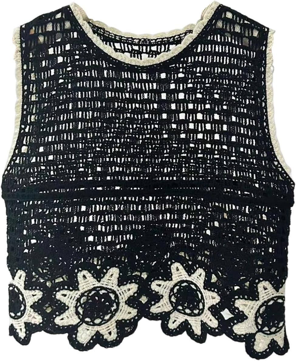 SHENHE Women's Crochet Tank Top Sleeveless Floral Sweater Vest Hollow Out Boho Beach Knit Top