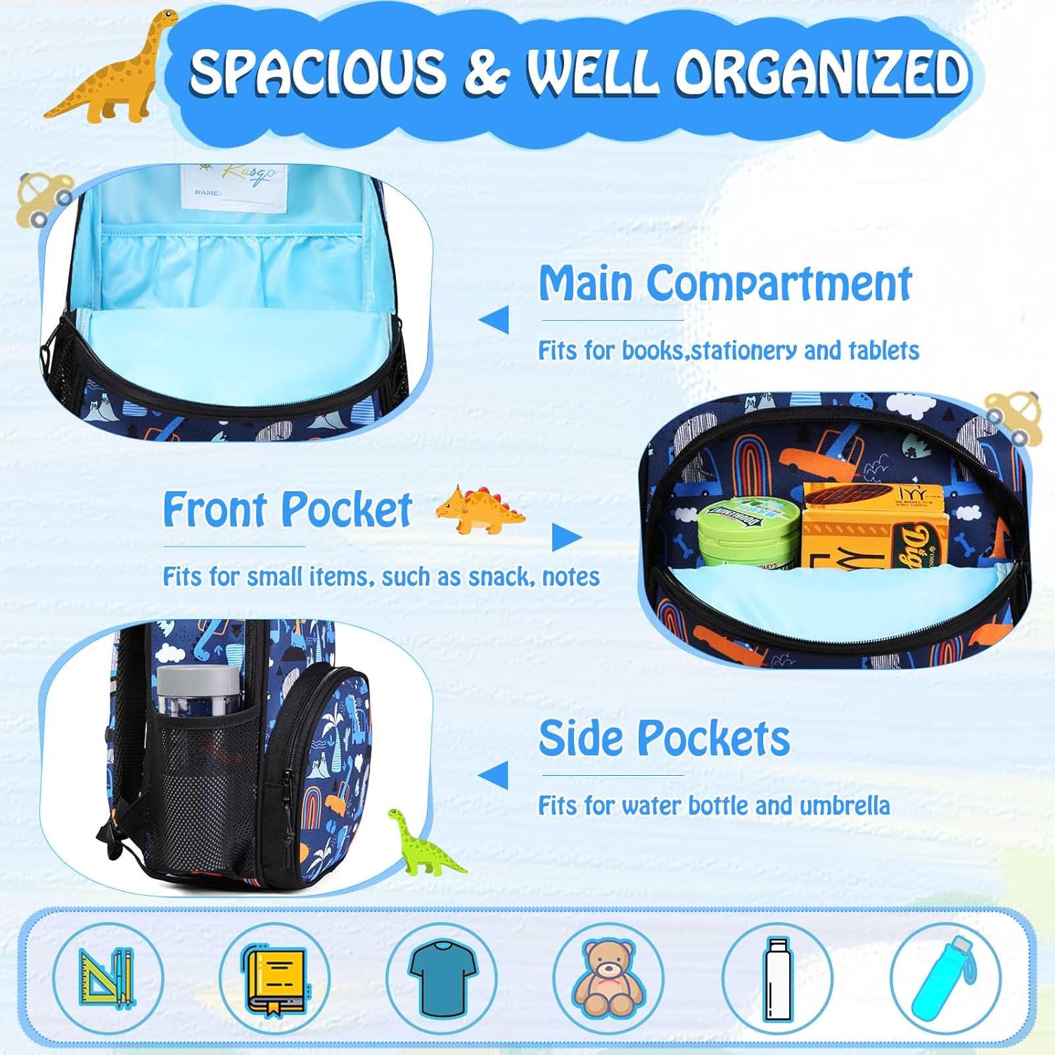 Kasqo Toddler Backpack, Water Resistant Preschool Kids Bookbag Kindergarten Daycare Schoolbag for Boys and Girls 3-6 Years,Dinosaur Car - Image 4