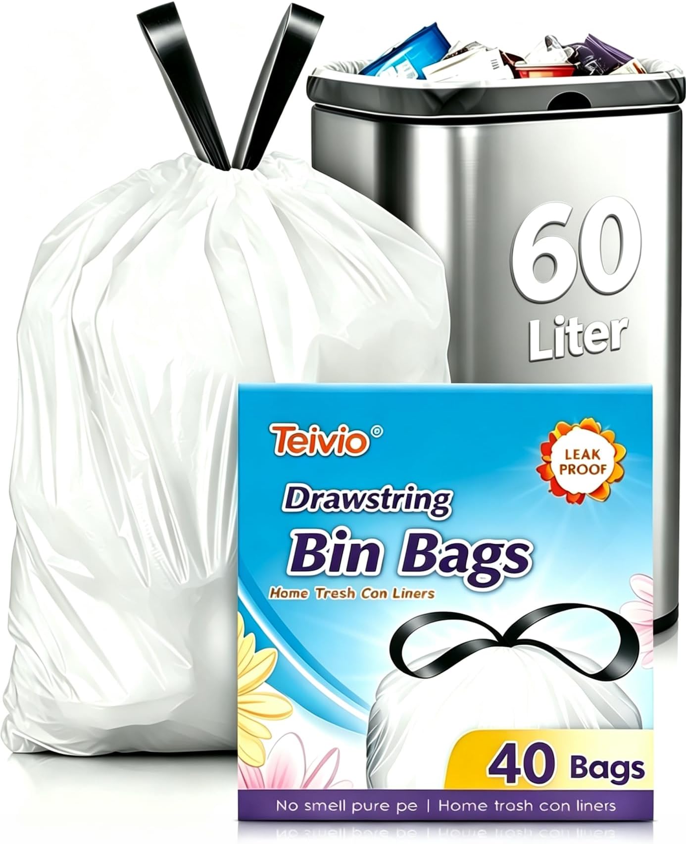 Teivio 60 Litre Strong Tall Kitchen Bin Liners with Tie Tap, 40 Counts 15-16 Gallon Large Drawstring Bin Bags, Refuse Sacks Fit 50-60L Rubbish Can for Home Kitchen Garden Office, White